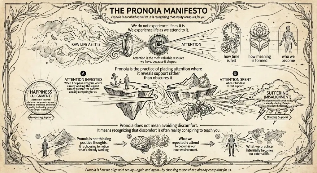 The Pronoia Manifesto - A visual diagram showing the lens of experience, core mechanism of internal distance, and the practice of recognition